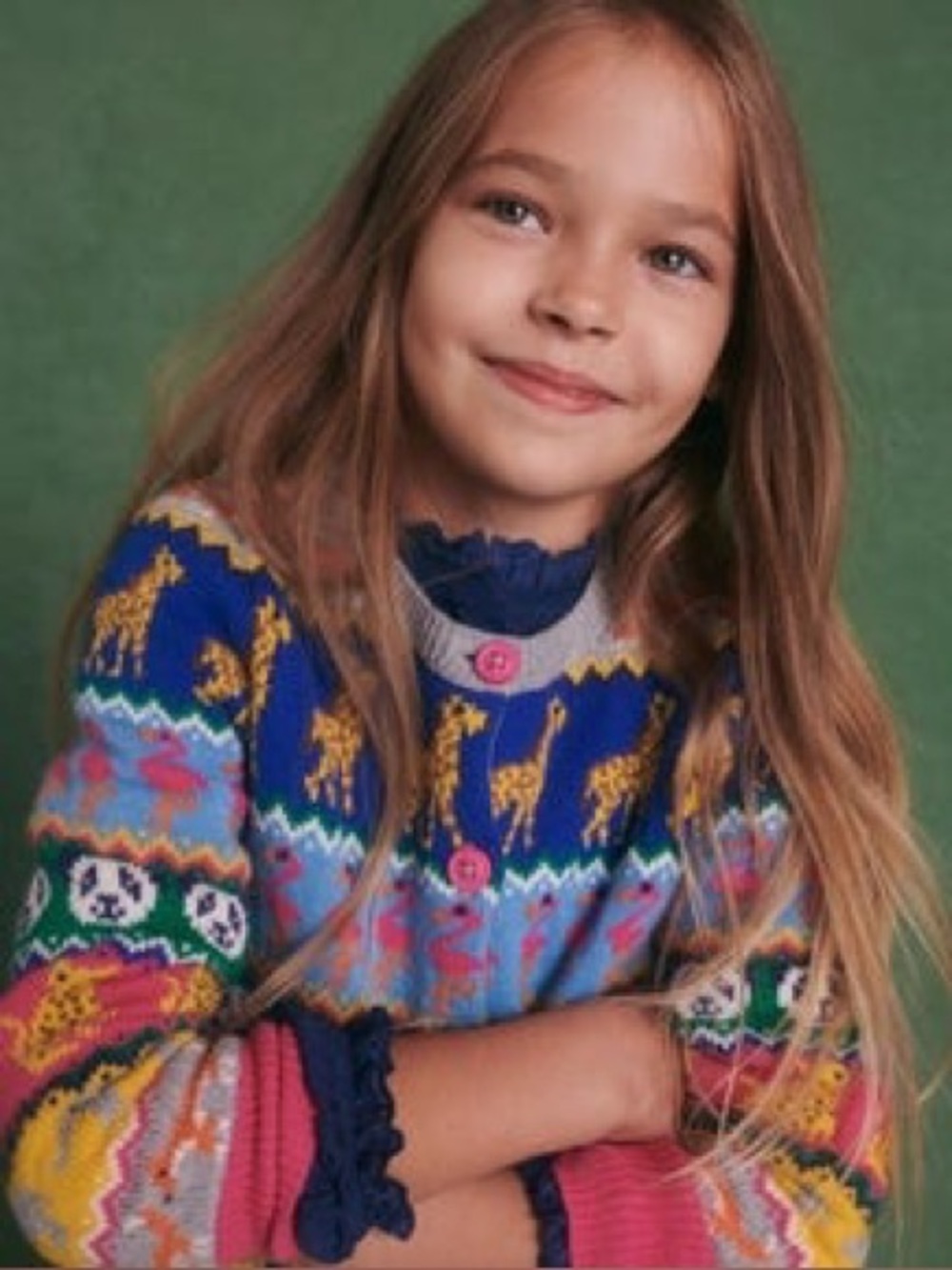 Mini Boden Rainbow Animal Stripe Fair Isle Cardigan 5-6Y Cotton, Alpaca, Wool
